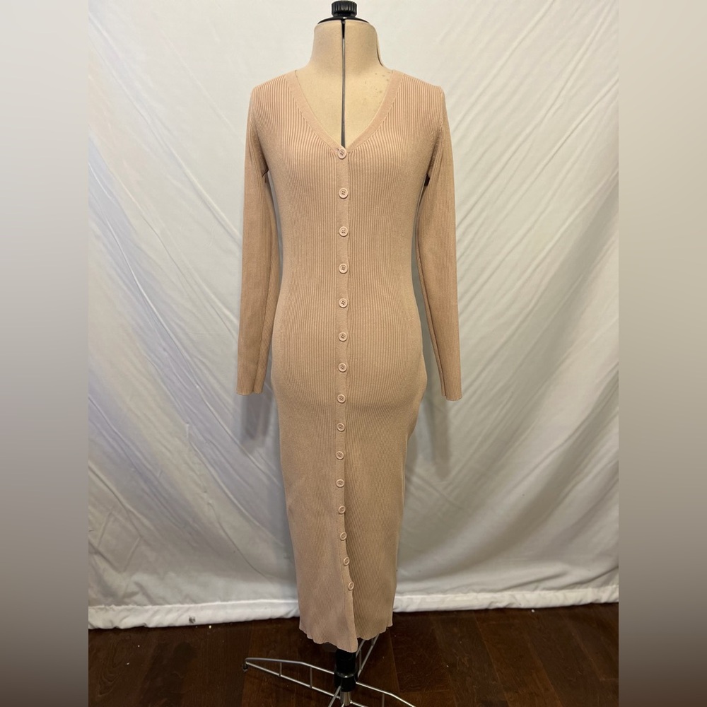 Cider Tan Long Sleeve Button-Down Ribbed Dress…Size Small